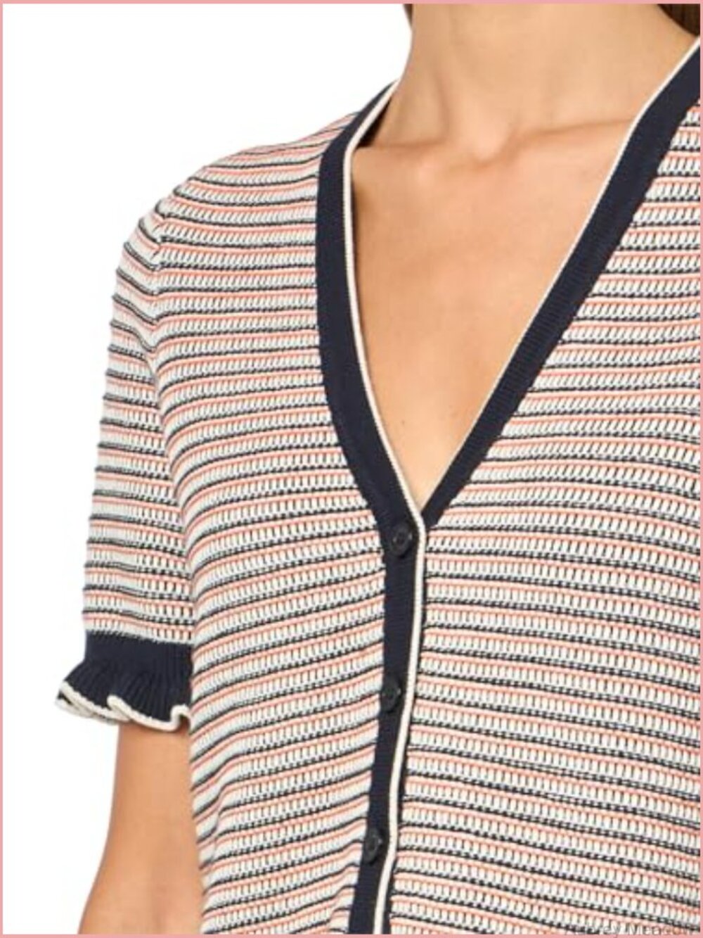 Button Front Short Sleeve Ruffle Cardigan Sweater - Picture 4 of 4